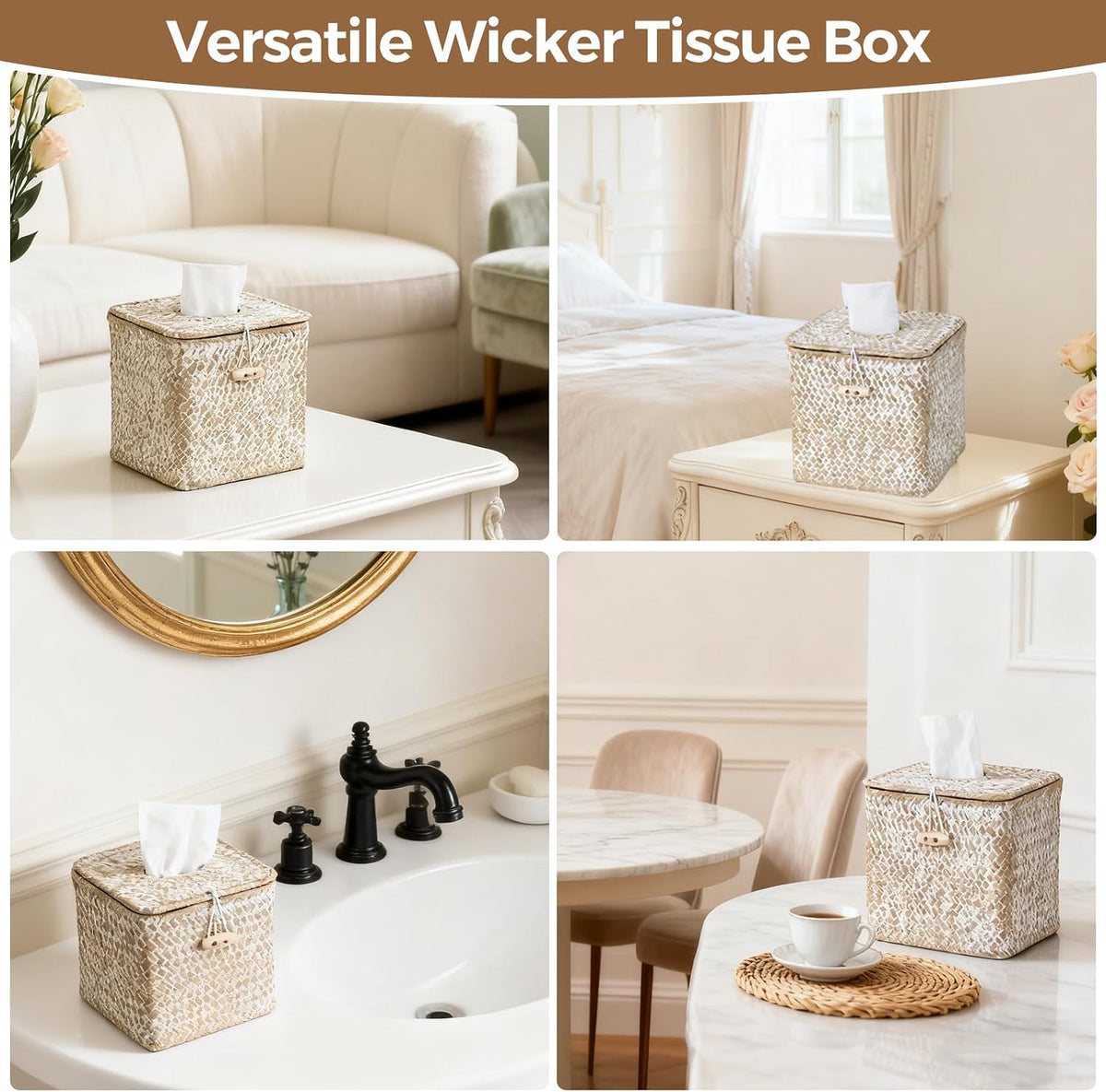 Seagrass Tissue Box Cover Square, Woven Wicker Tissue Box Holder, Whitewash