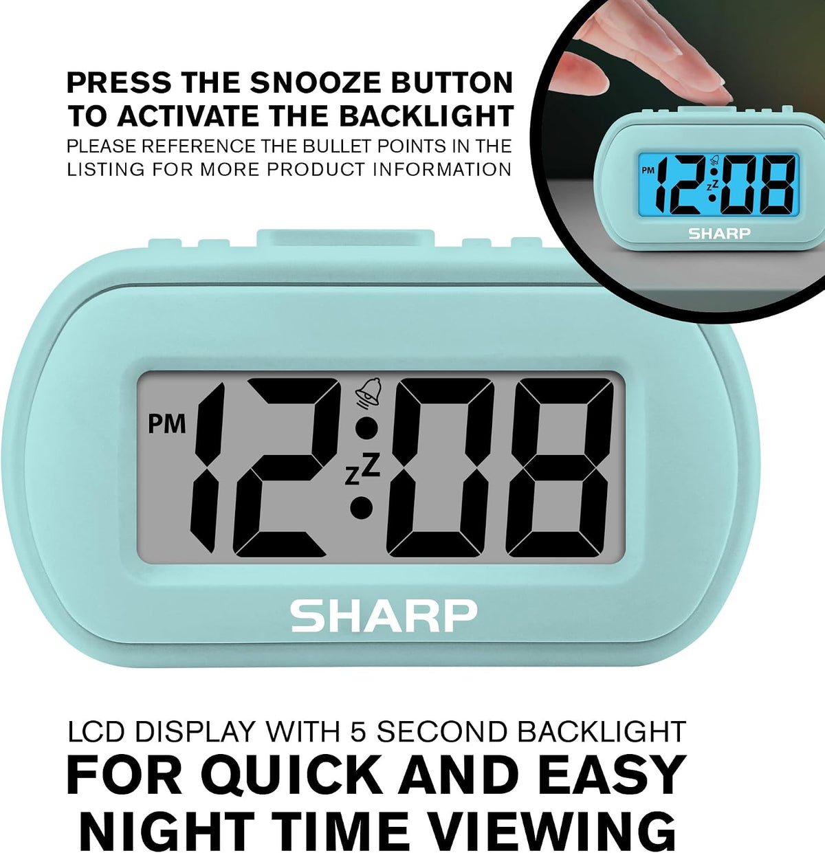 Sharp Battery Alarm Clock with Soft-Touch Case and Blue Backlight, Mint