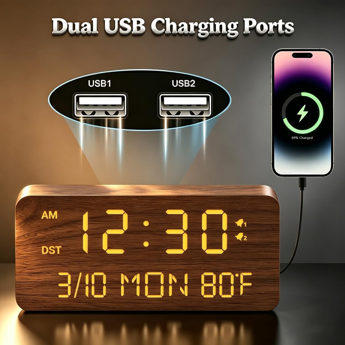 Premium Brown Wooden Digital Alarm Clock with Wireless Phone Charger, Dual USB Charging Ports, Dimmable LED Display, Date and Day of Week, Small Digital Desk Clock for Bedroom Nightstand Bedside Table