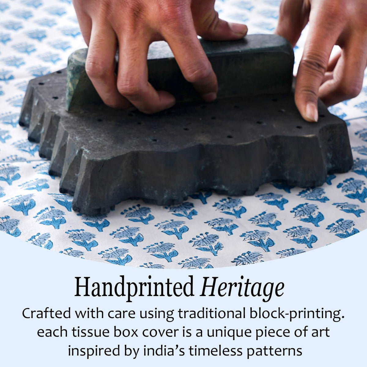CPC Apatite Blue Hand Block Print Cotton Square Ruffle Tissue Box Cover