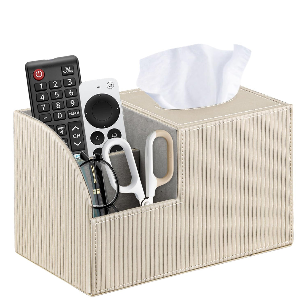 Square Tissue Box Cover with Storage, PU Leather Facial Cube Tissue Holder