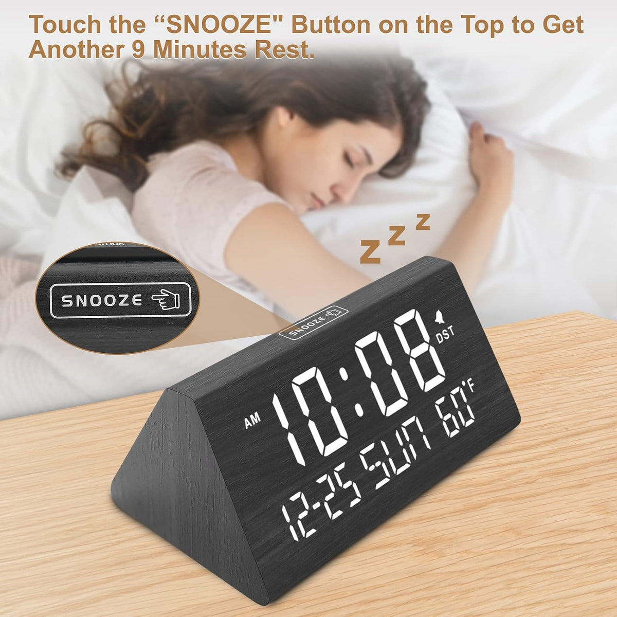 DreamSky Digital Alarm Clock for Bedrooms - Wooden Desk Clock with Date