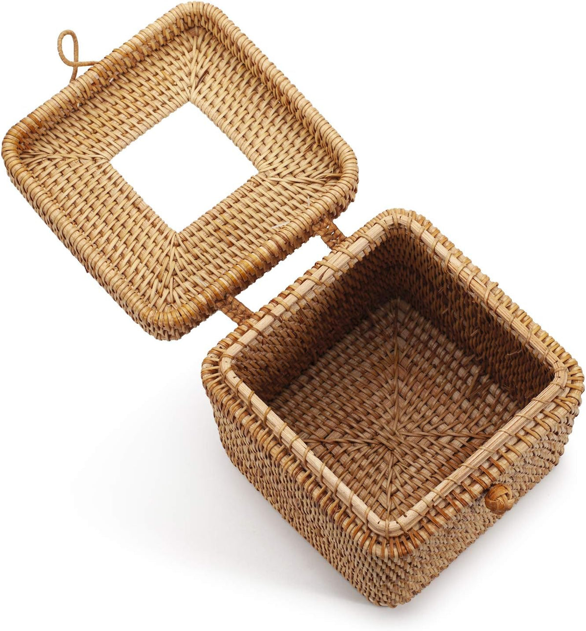 Rattan Square Tissue Box Cover, 5.7" x 5.7" x 5", Decorative Woven Facial Tissue Holder with Hinged Top Lid, Natural Color