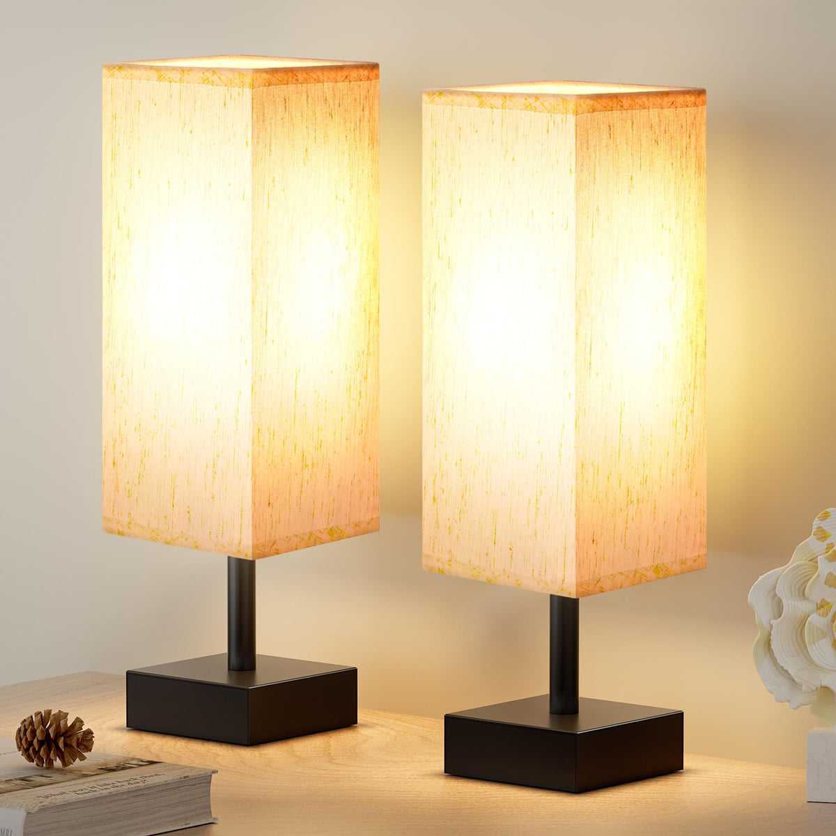 aooshine Small Bedside Table Lamp for Bedroom - Square Cream Fabric Shade