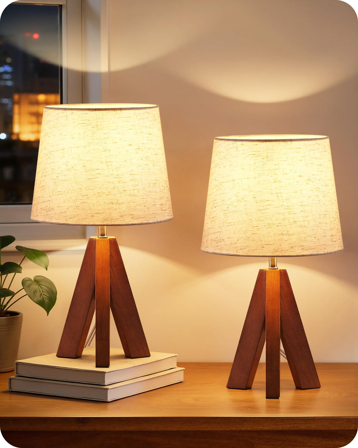 Tripod Table Lamp, 14.6 Inch Small Bedside Lamp with Beige Linen Shade, Modern Nightstand Lamp for Bedroom, Kids Room, Living Room, Nursery, Office, E26 Socket, Dark Wood Base, LE51TL05