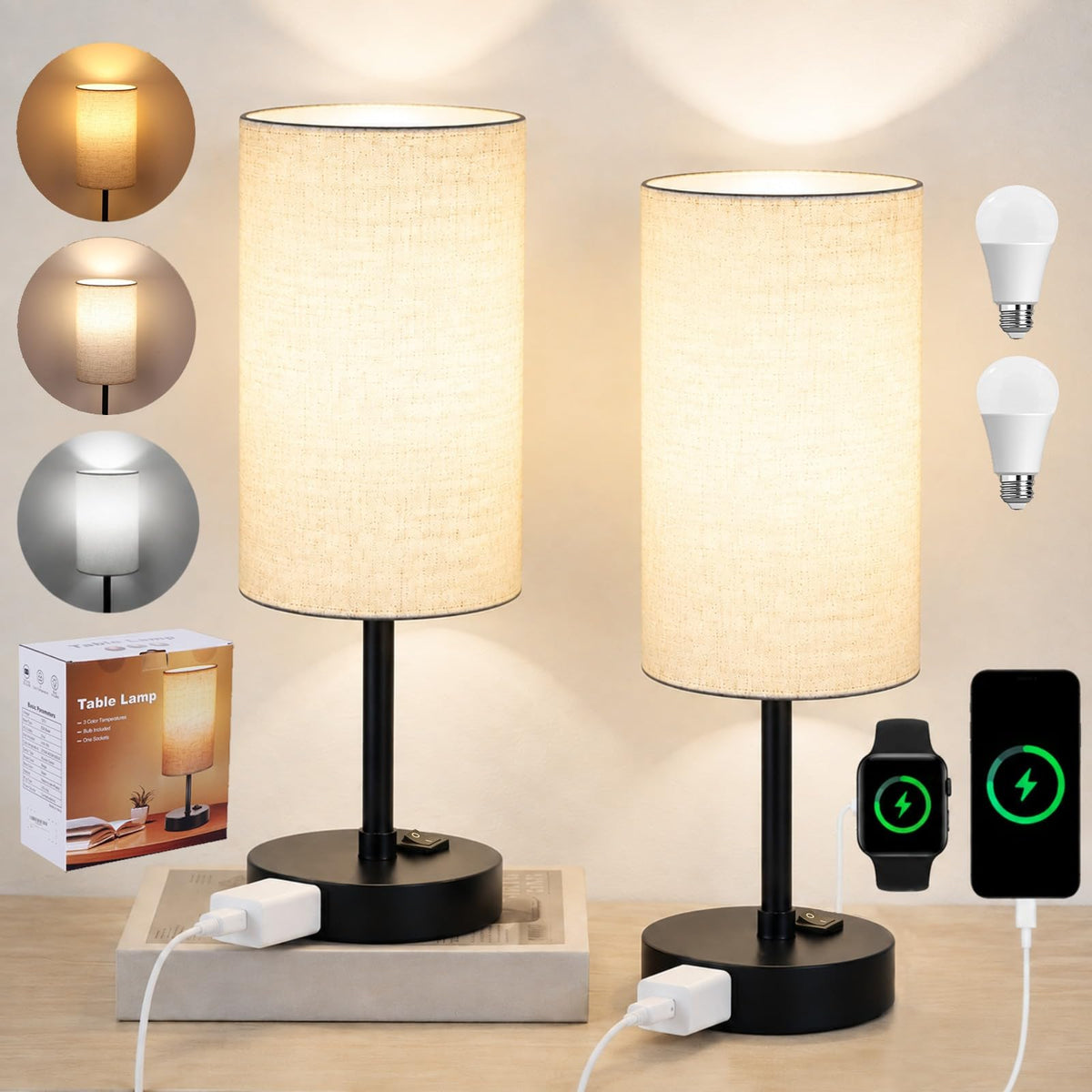 ZJOJO Table Lamp Set of 2, 13.8" Bedside Small Lamp for Bedroom Nightstand