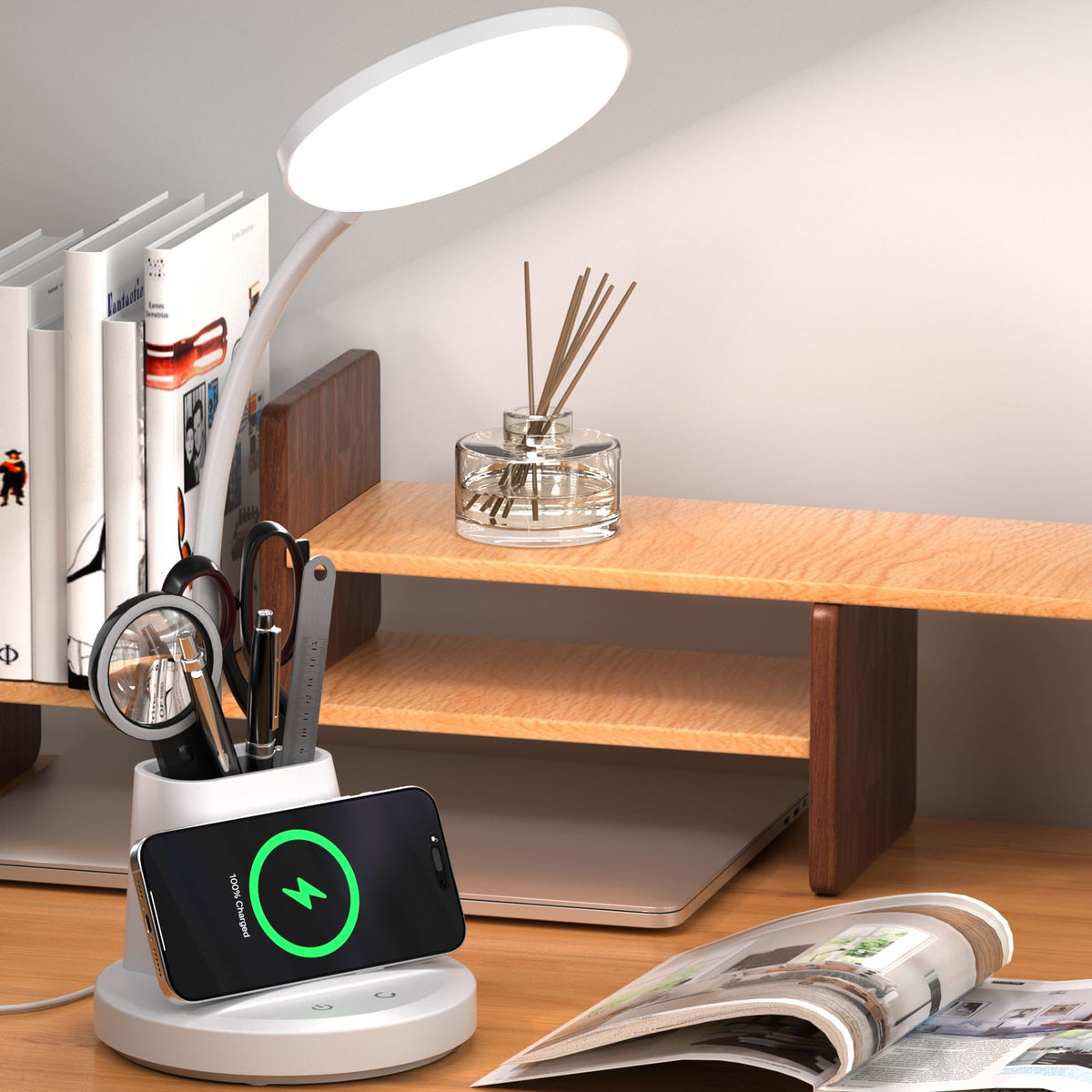 LED Desk Lamp for College Dorm with Pen Phone Holder, Black