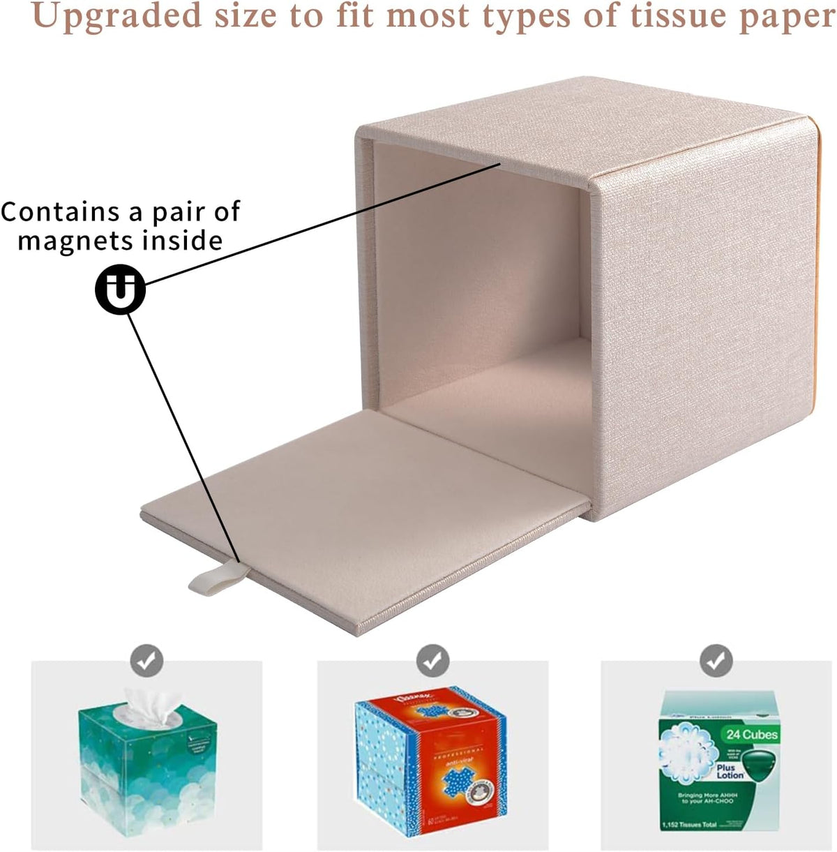 Linen Square Tissue Box Cover,Cube Tissue Box Holder－Excellent Rosegold Leather Decoration,Table Napkin Case Dispenser,Facial Tissues Organizer with Magnetic Bottom for Home Office Car(Beige)