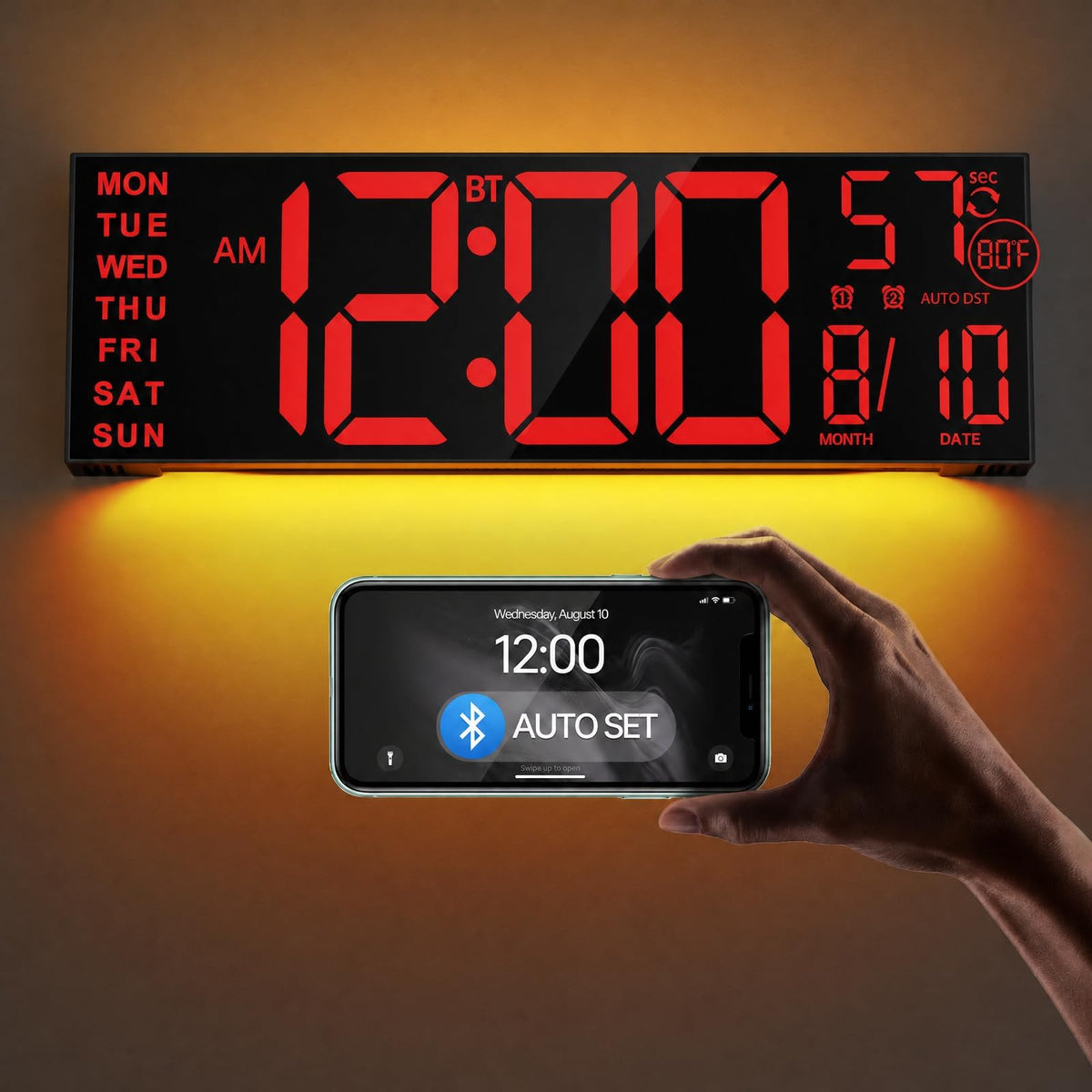 JALL 16.2" Large Digital Wall Clock with Bluetooth Sync for Classroom, RGB Digital Clock Large Display with Auto DST, Wall Clock for Bedroom Gym Office, Led Clock for Seniors (Black)
