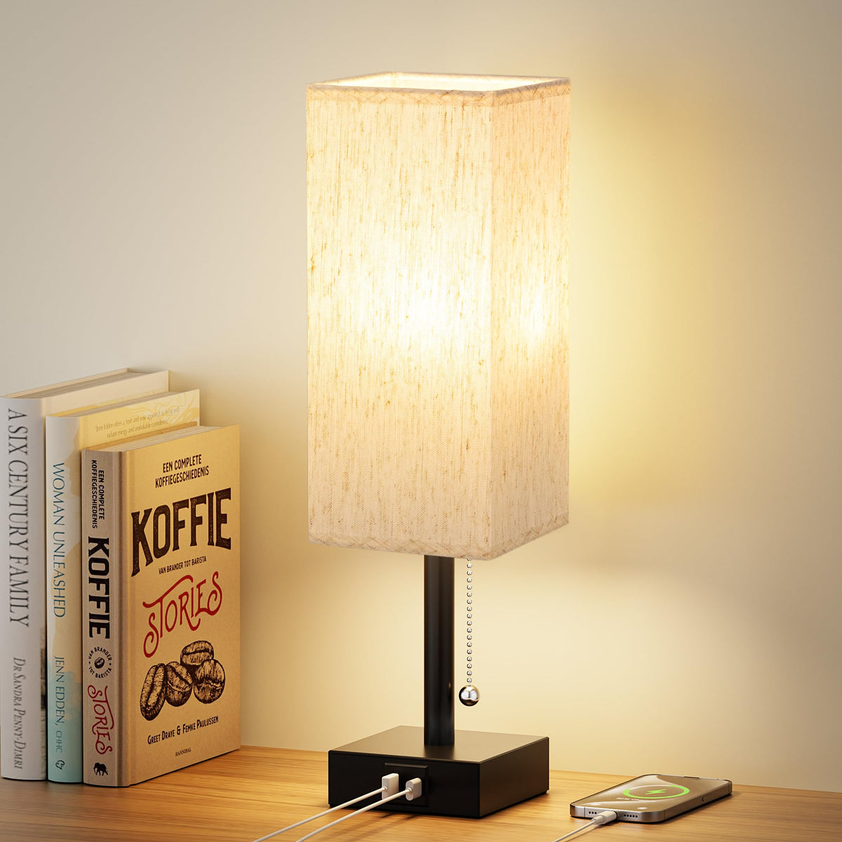 aooshine Small Bedside Table Lamp for Bedroom - Square Cream Fabric Shade