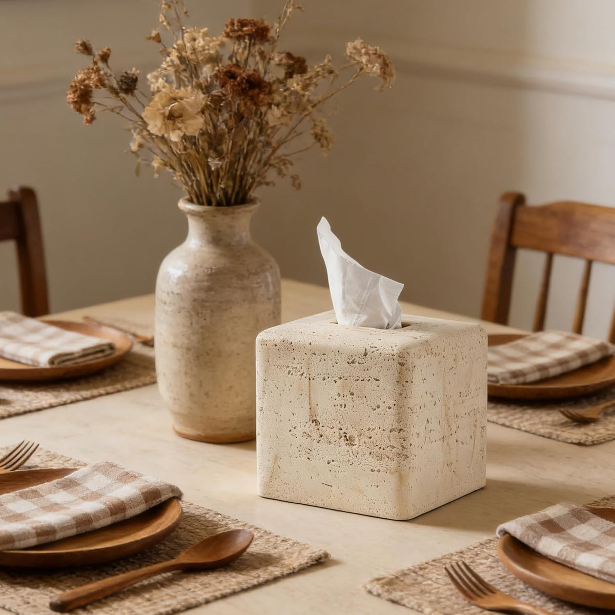 Natural Travertine Textures Tissue Box Cover Square for Home Decor,Resin Heavy Tissue Box Holder for Bathroom Countertop,Tabletop,Bedside Table,Office (Handmade of Resin)