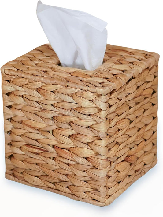 PINXIURY Water Hyacinth Handwoven Tissue Box Cover, Natural Handmade Wicker Napkin Box Holder, Handcrafted Square Facial Tissue, Rustic Decorative on Table and Bathroom, Office, Boho Decorative