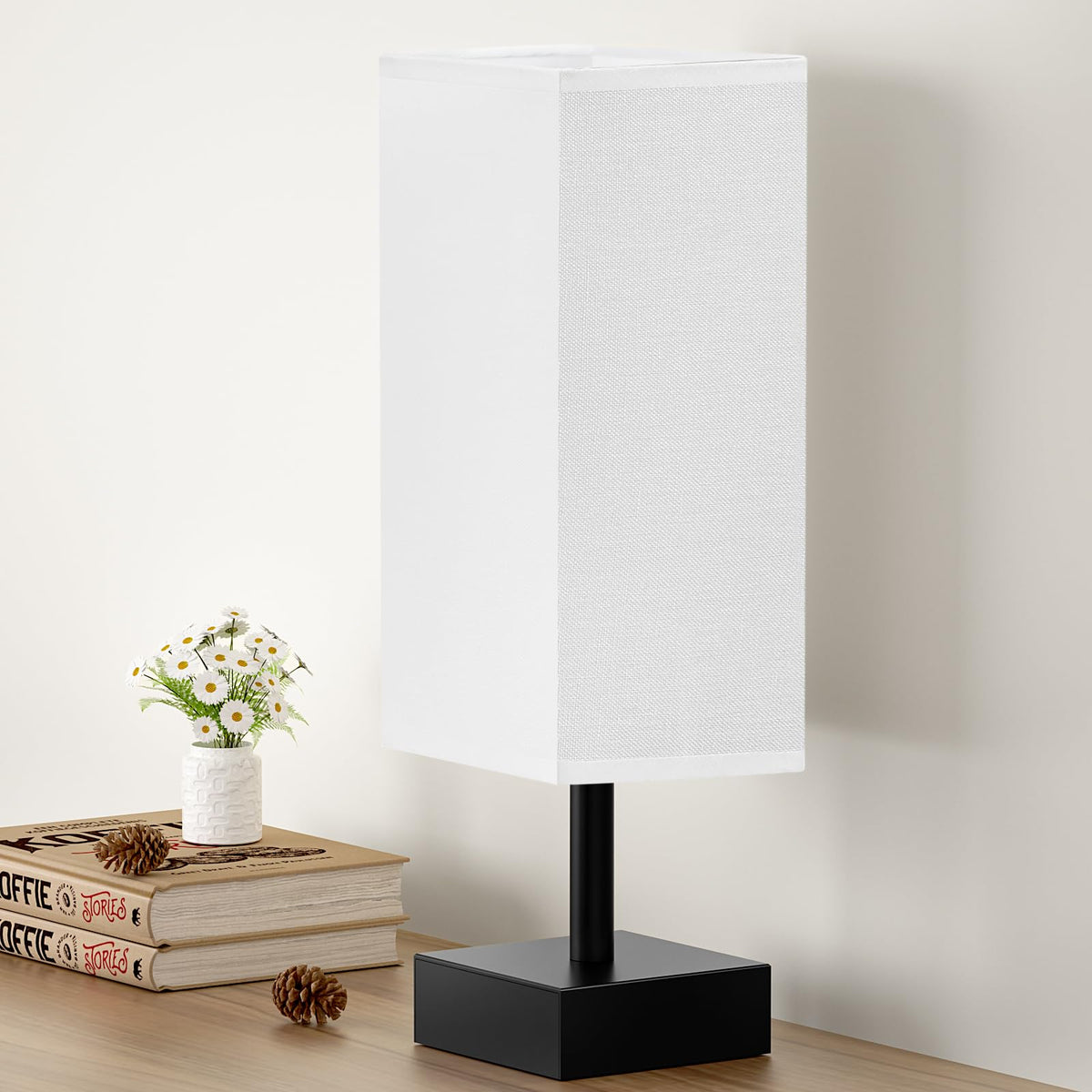 aooshine Small Bedside Table Lamp for Bedroom - Square Cream Fabric Shade