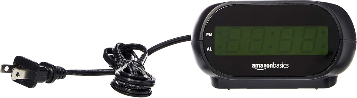 Amazon Basics Small Digital Oval Alarm Clock with LED Display, Nightlight, Snooze Function & Battery Backup, Black, 4.5 x 3.5 x 2.4 Inches
