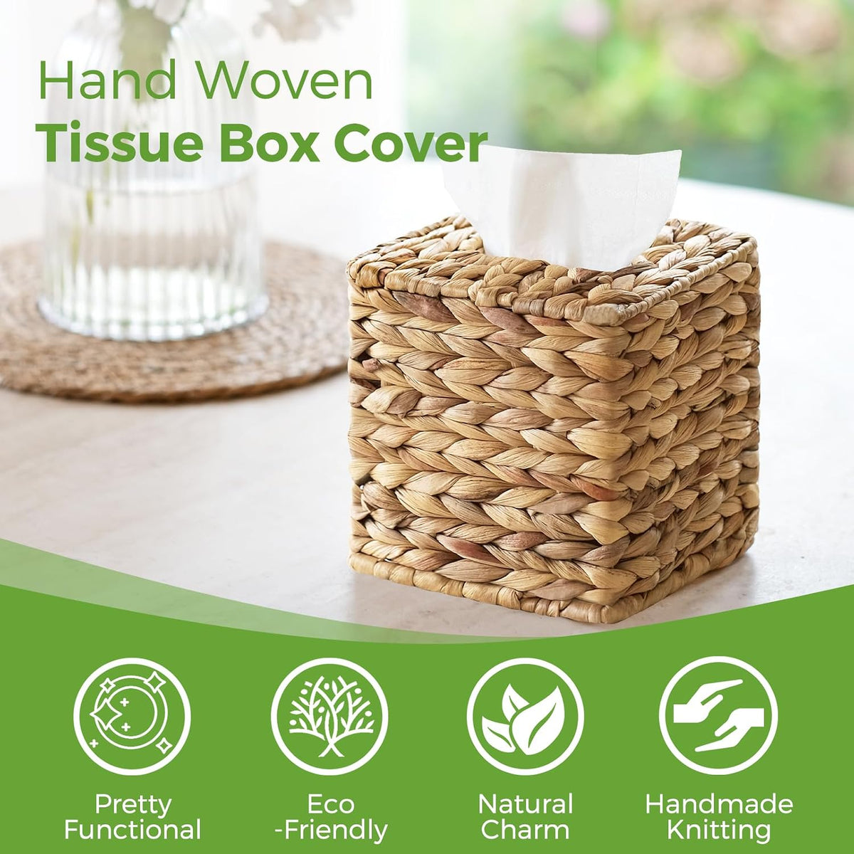 Wicker Tissue Box Cover Square, Handwoven Facial Tissue Napkin Box Holder