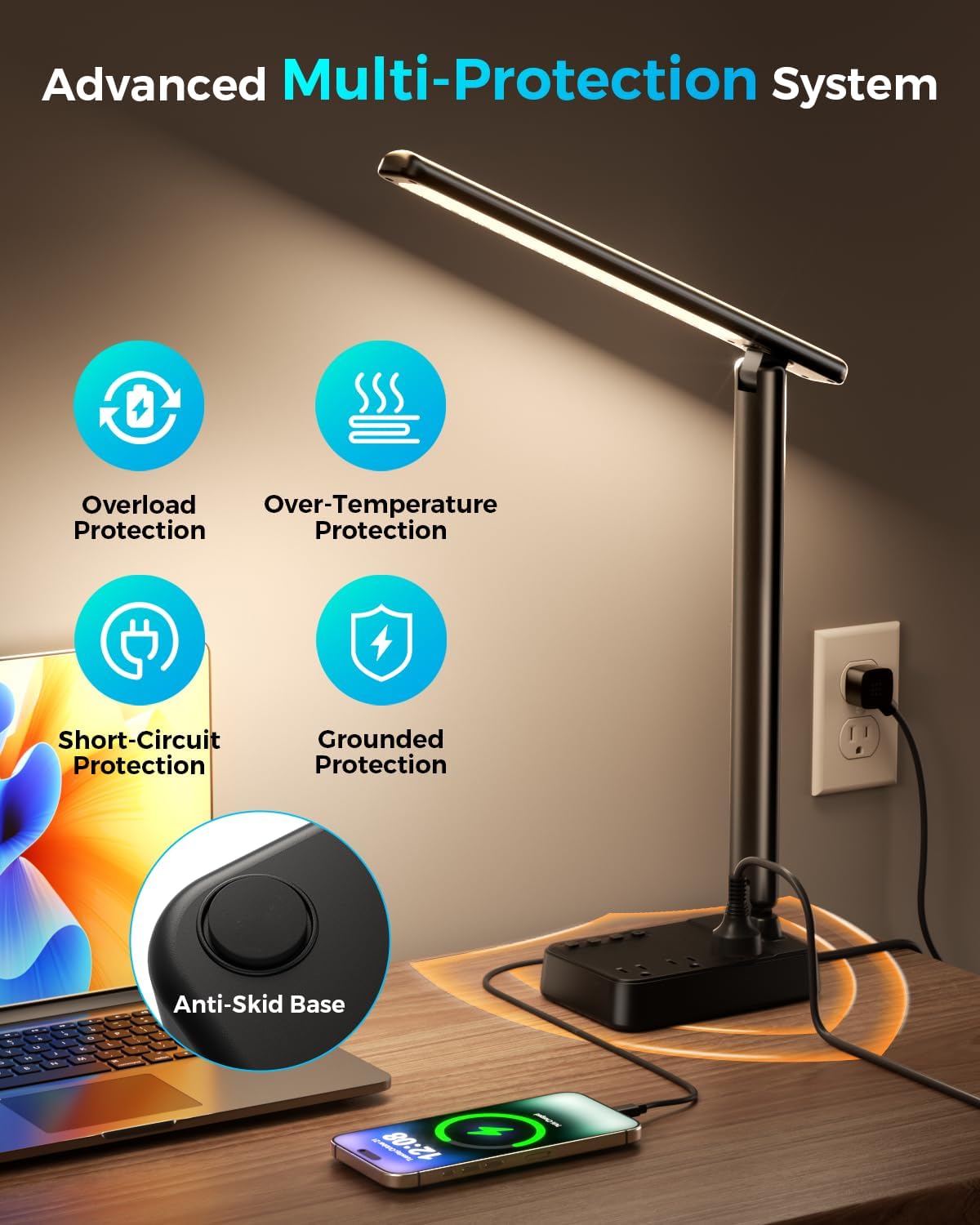 LED Desk Lamp with Power Strip, 3 AC Outlets, 4 USB Ports, Stepless Dimming