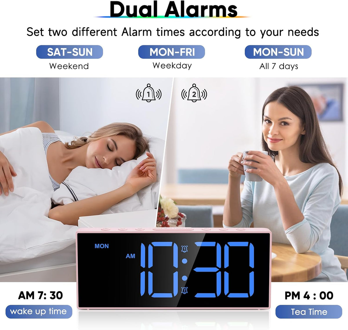 Digital Alarm Clocks,Large Big Numbers Cute clocks for Bedrooms,college dormitories,Teens,Modern Décor Plug in Clock with USB Charger Port Adjustable 3-Levels volume,5 Dimmers,Battery Backup (Pink)