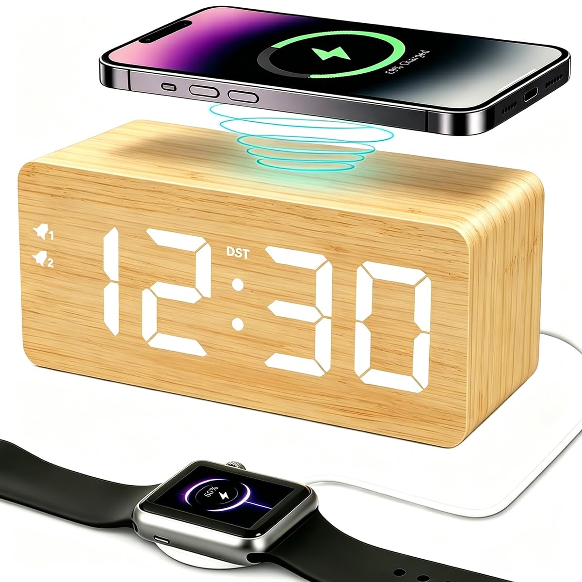URAYCO Wooden Digital Alarm Clock, 10W Fast Wireless Charger Station & 2 USB Charging Ports, with 0~99% Dimmer, Dual Alarm, Weekday/Weekend Mode, Wood LED Clock for Bedroom, Desk, Office