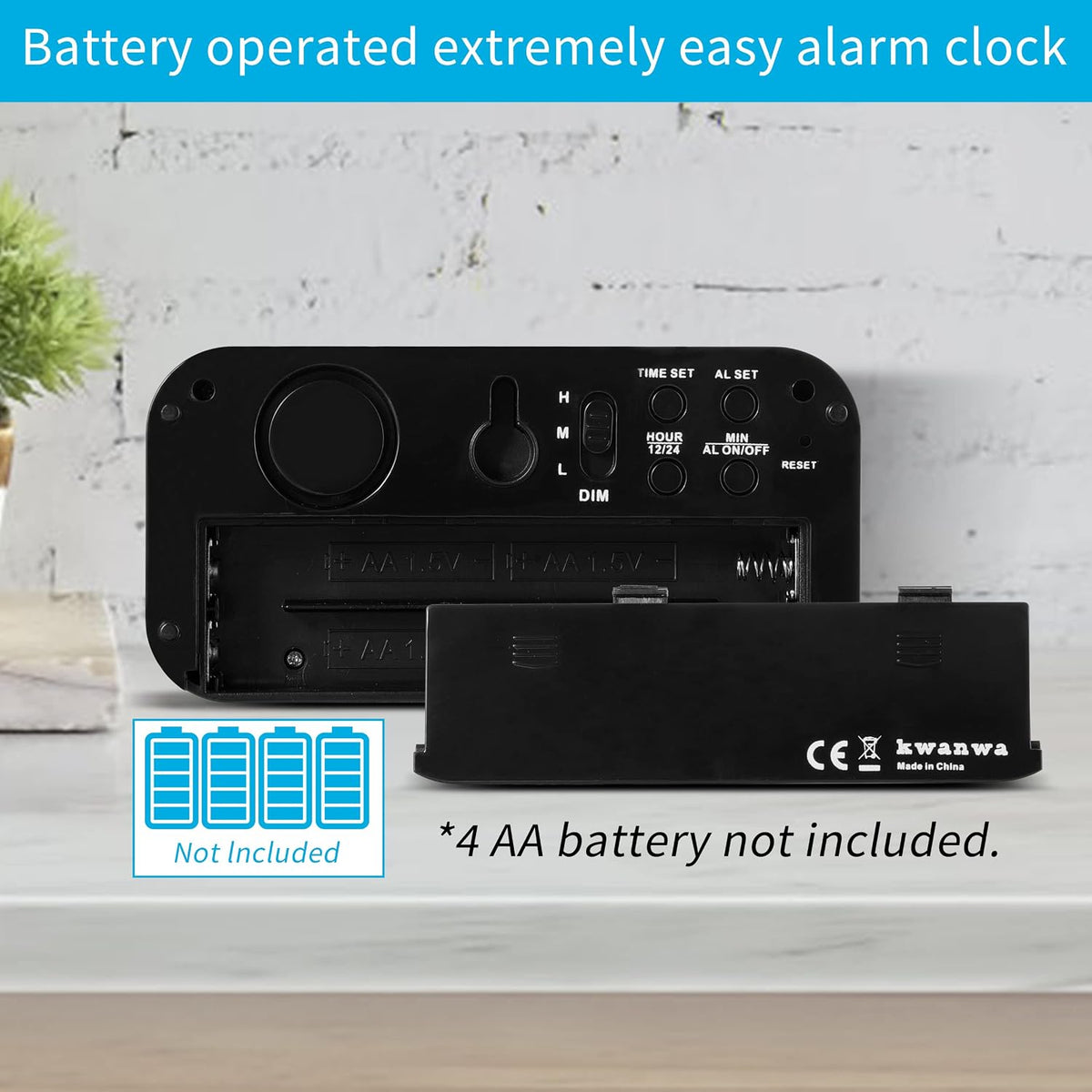 Alarm Clock,1.2'' LED,Cordless,Battery Powered,Snooze,Table-top/Wall-mount