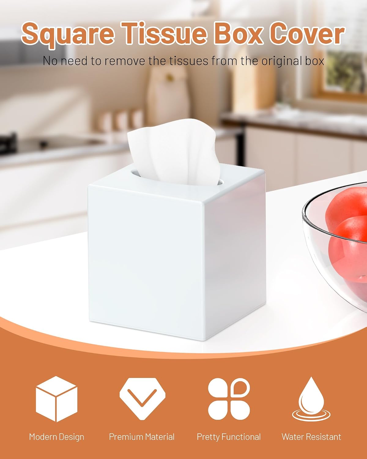 Tissue Box Cover, Square Plastic Tissue Box Holder with Anti Slip Base, Modern Decor Facial Napkin Holder for Bathroom Vanity Countertop, Bedroom Dresser, Night Stand, Parlors, Offices, White