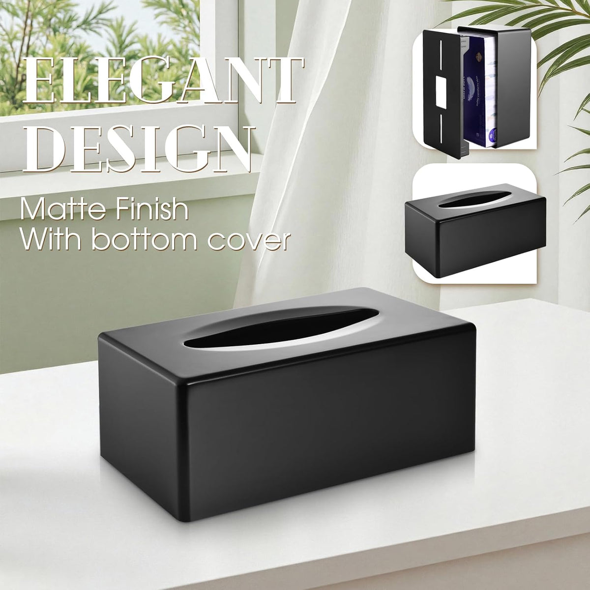Y-in Hand Tissue Box Cover, Rectangle Facial Tissue Holder with Bottom, Decorative Storage Organizer Box for Bathroom Vanity, Countertops, Dressers, Night Stand, Parlors and Offices - Matte Black