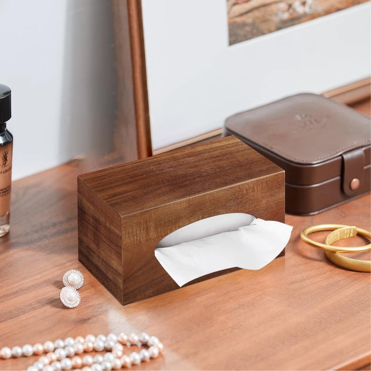 Tissue Box Cover, Wood Tissue Box Holder Rectangle with Slide-Out Bottom
