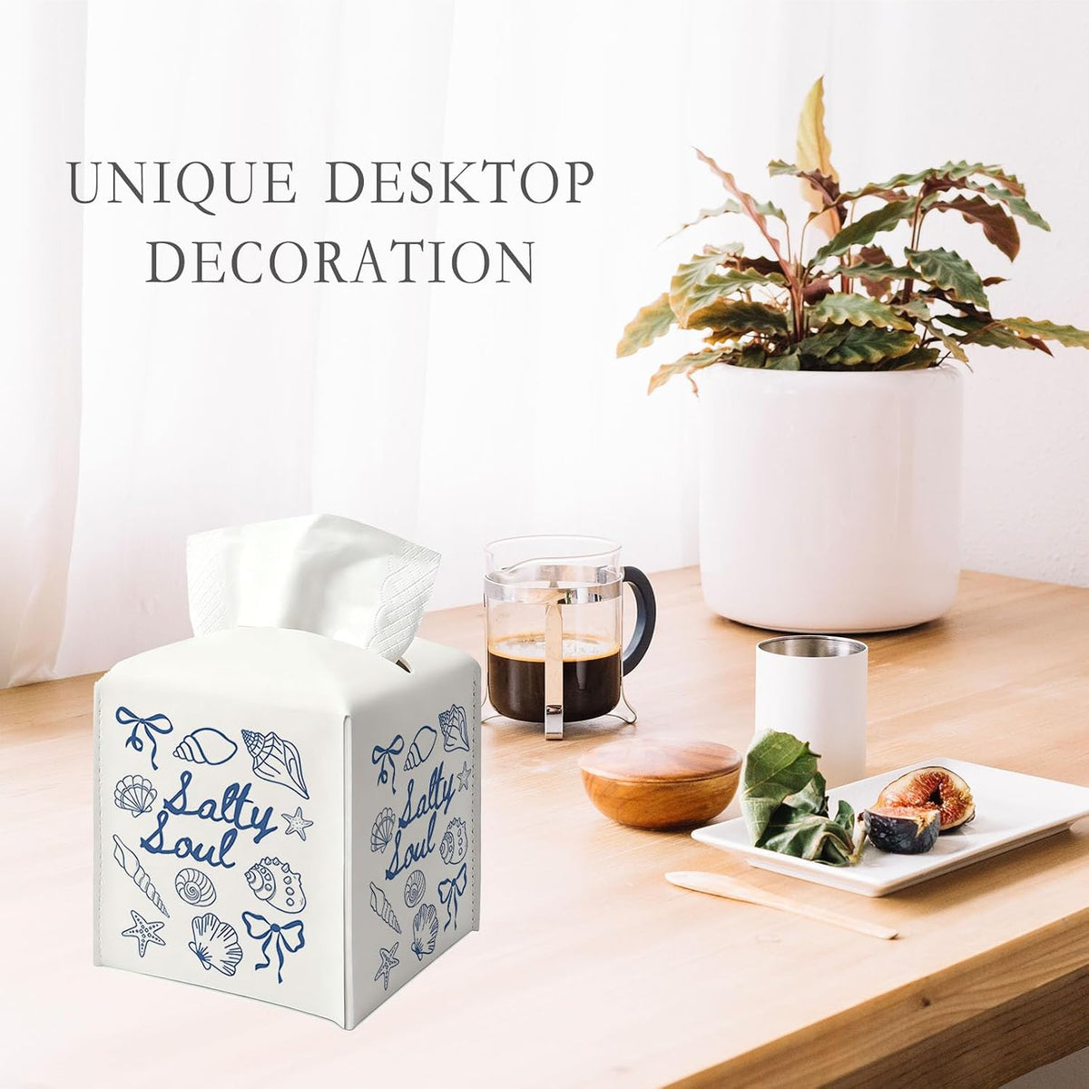 Coastal Tissue Box Cover Square, Blue Beach Tissue Box Holder Cube