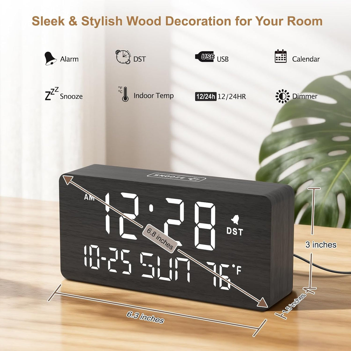 DreamSky Wooden Digital Alarm Clocks for Bedrooms with Date & Day of Week