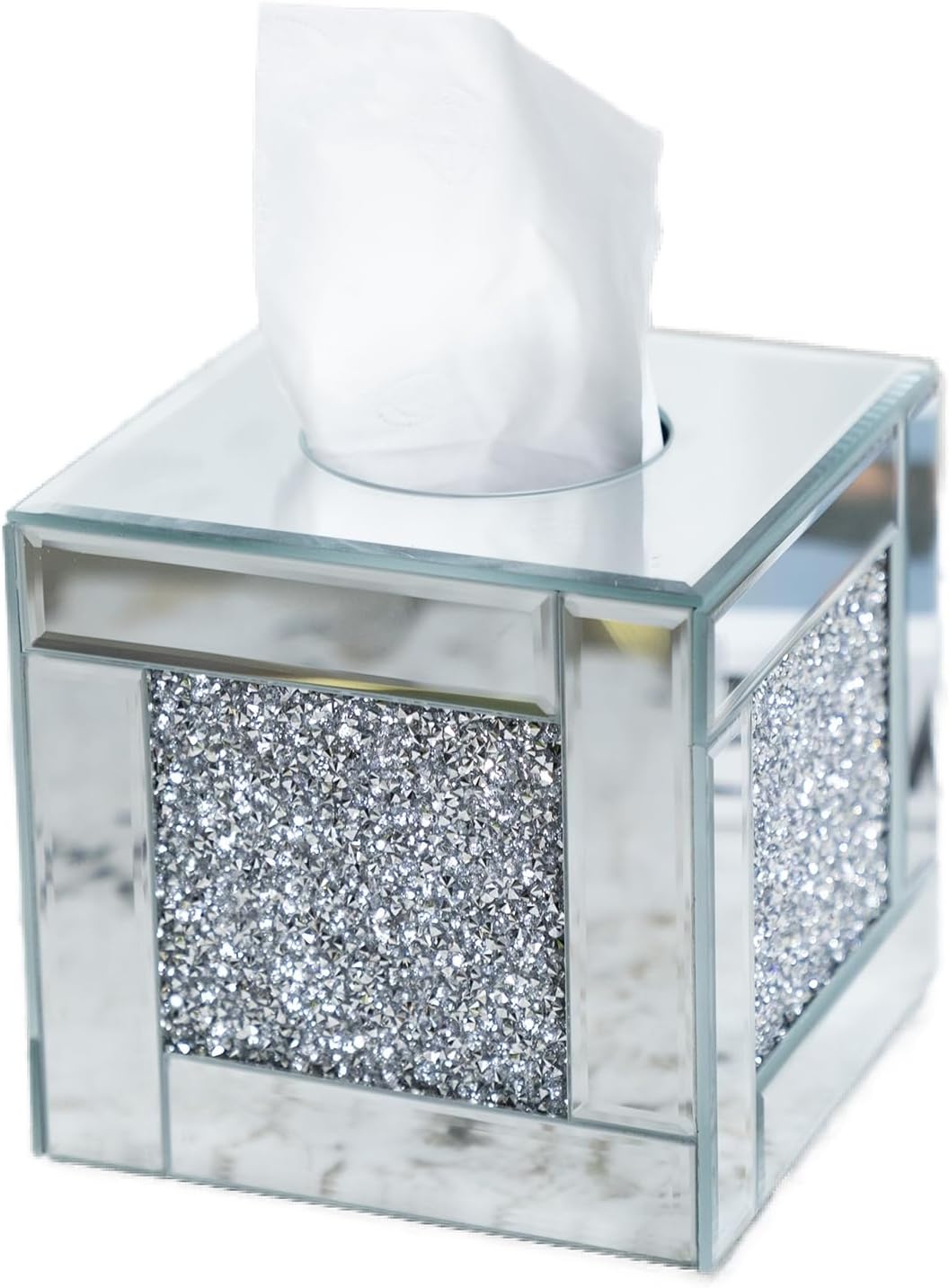 Mirrored Tissue Box Cover Holder, Square Glass Facial Tissue Holder with Crushed Diamond Crystals, Luxury Facial Paper Organizer Dispenser for Bathroom, Vanity Countertop, Tabletop, Silver