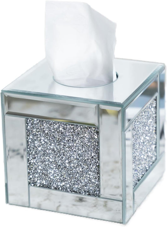 Mirrored Tissue Box Cover Holder, Square Glass Facial Tissue Holder with Crushed Diamond Crystals, Luxury Facial Paper Organizer Dispenser for Bathroom, Vanity Countertop, Tabletop, Silver
