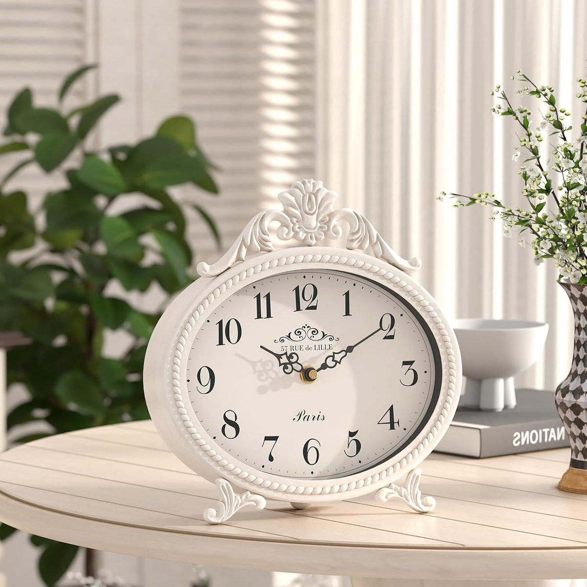 Abdurey Vintage Table Clock,Antique White French Rustic Style Mantel Clock