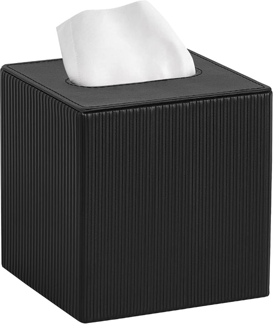 Mkono Tissue Box Cover, PU Leather Square Holder with Bottom, Black