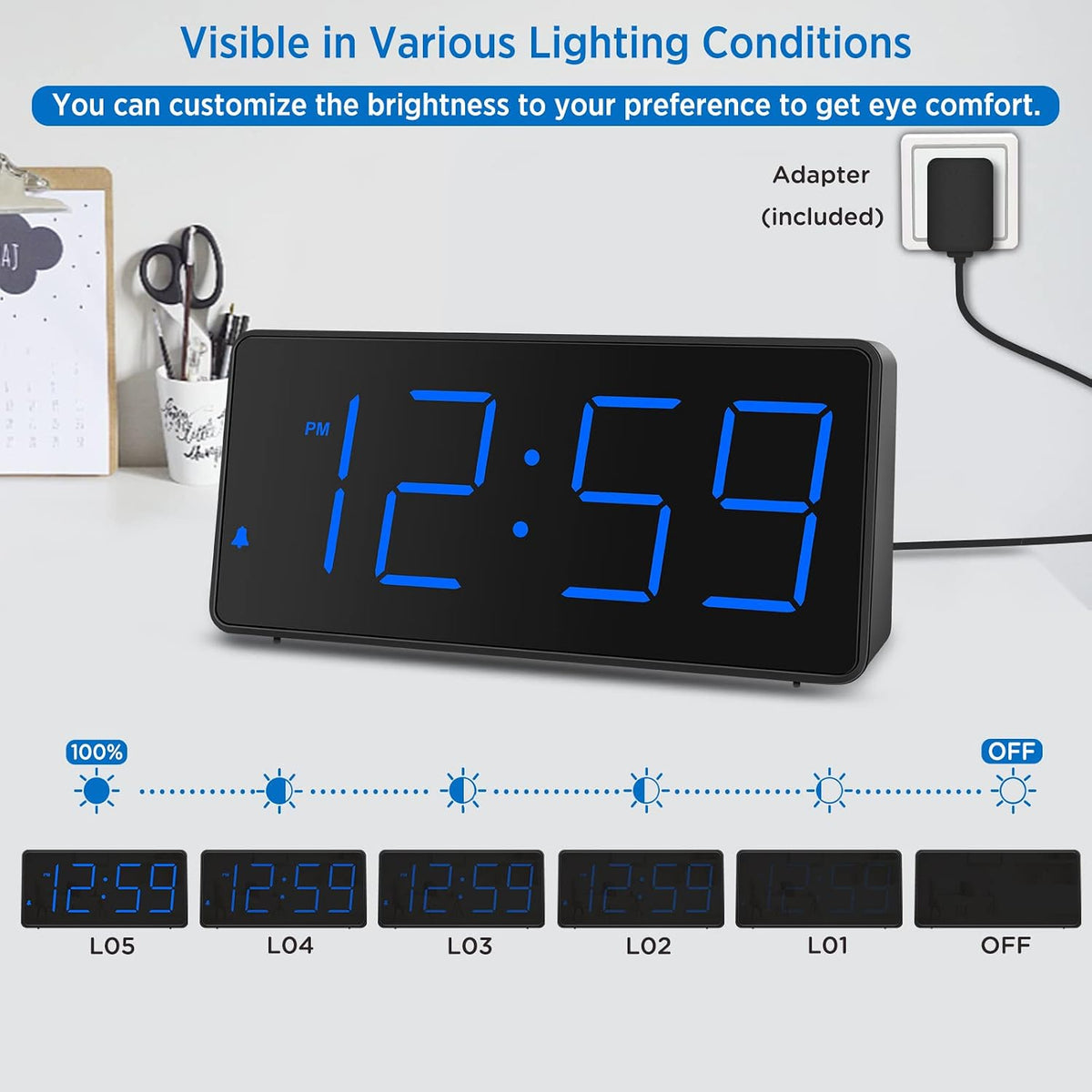 Peakeep Digital Alarm Clock for Bedroom Bedside, Large Display, USB Charger