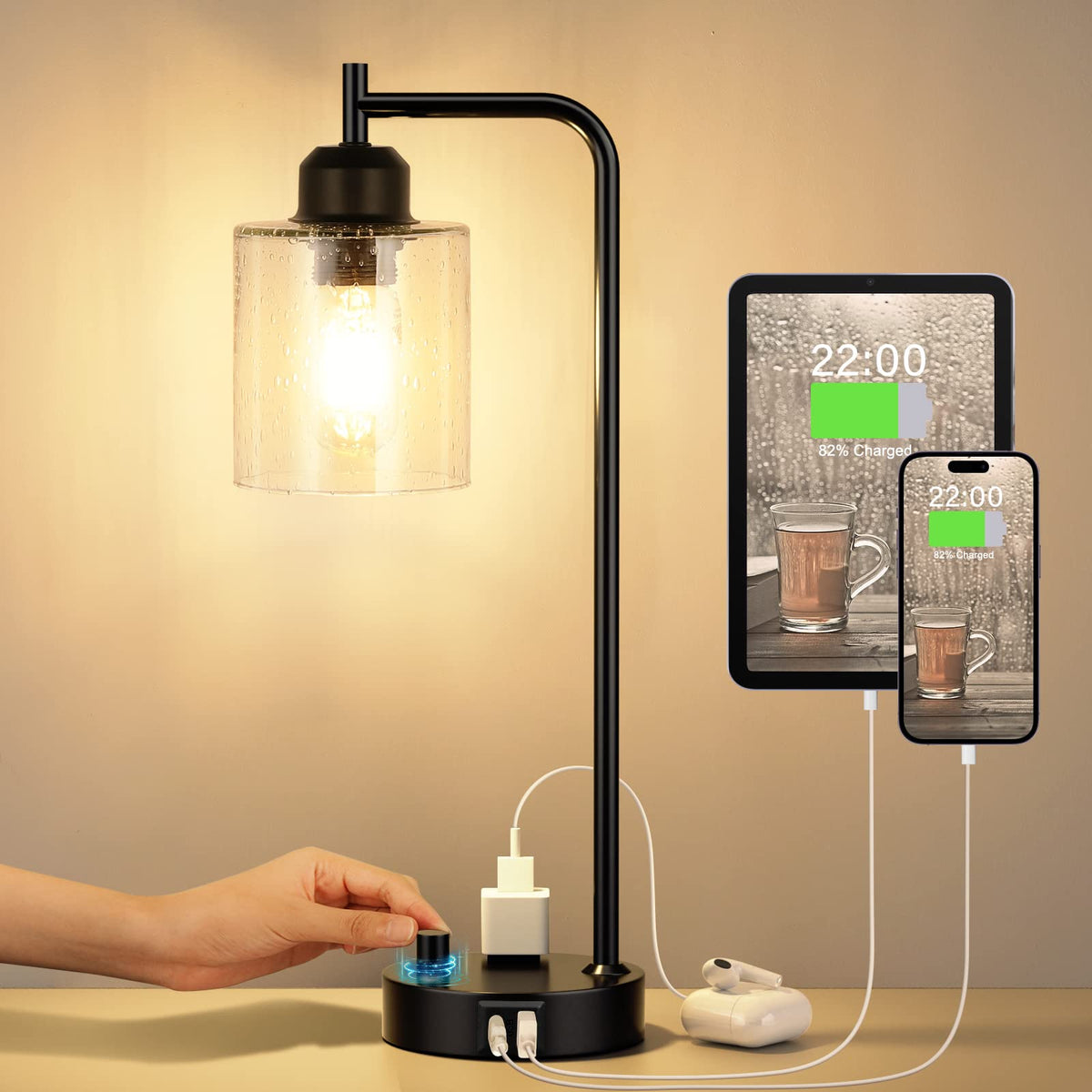Innqoo Gold Lamp for Bedroom - Industrial Bedside Table Lamp with USB Port and Outlet, Fully Dimmable Nightstand Lamp with Opal Glass Shade, Small Desk Lamps for Home Office