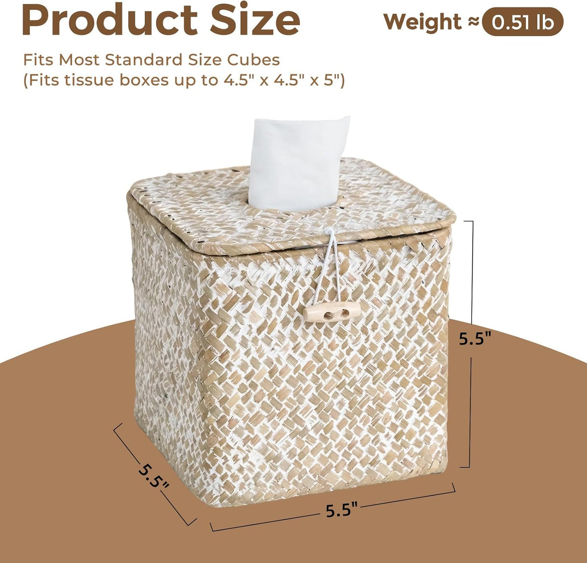 Seagrass Tissue Box Cover Square, Woven Wicker Tissue Box Holder, Whitewash