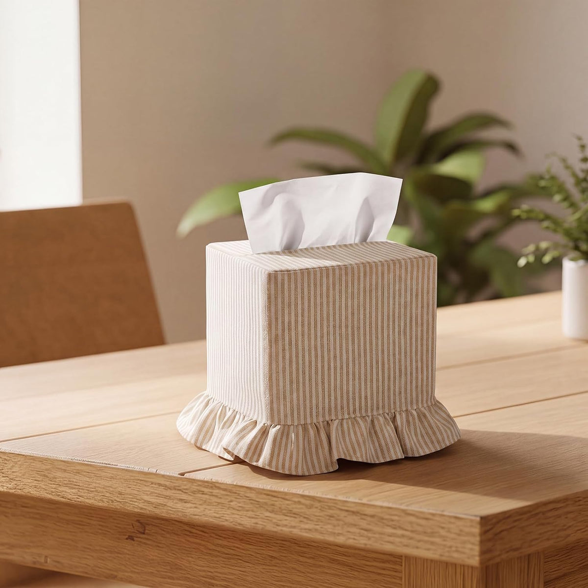 Sawysine Cream Striped Tissue Cover, Boho Ruffled Square Box Holder