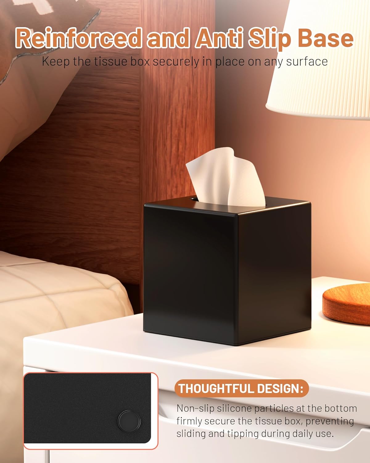 Tissue Box Cover, Square Plastic Tissue Box Holder with Anti Slip Base, Modern Decor Facial Napkin Holder for Bathroom Vanity Countertop, Bedroom Dresser, Night Stand, Parlors, Offices, Black