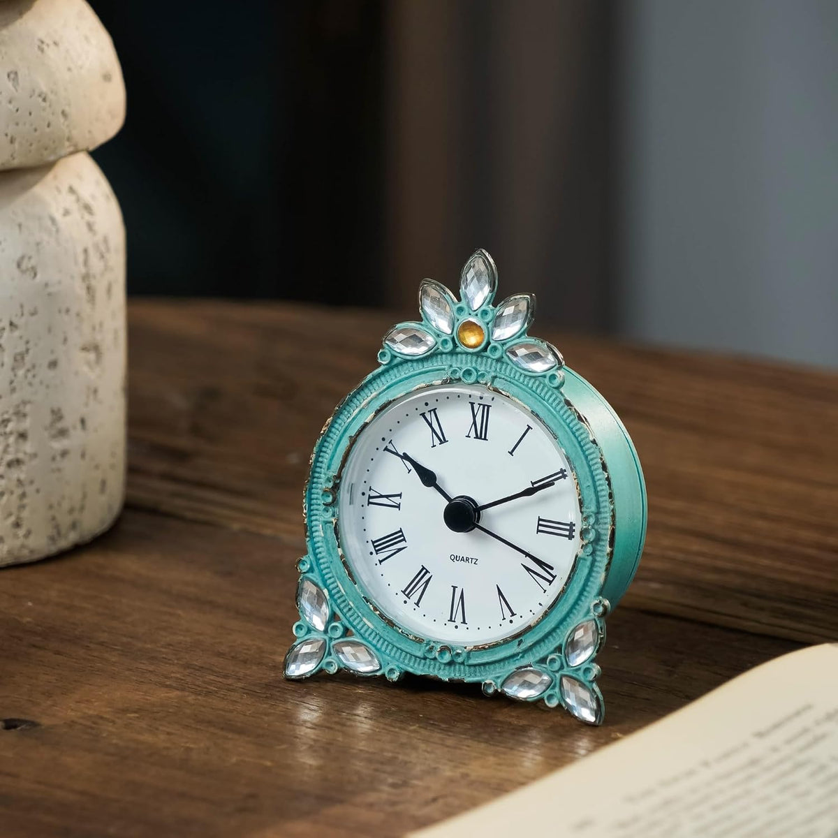 NIKKY HOME Vintage Table Clock with Crystal Shining Rhinestone 3 Inch