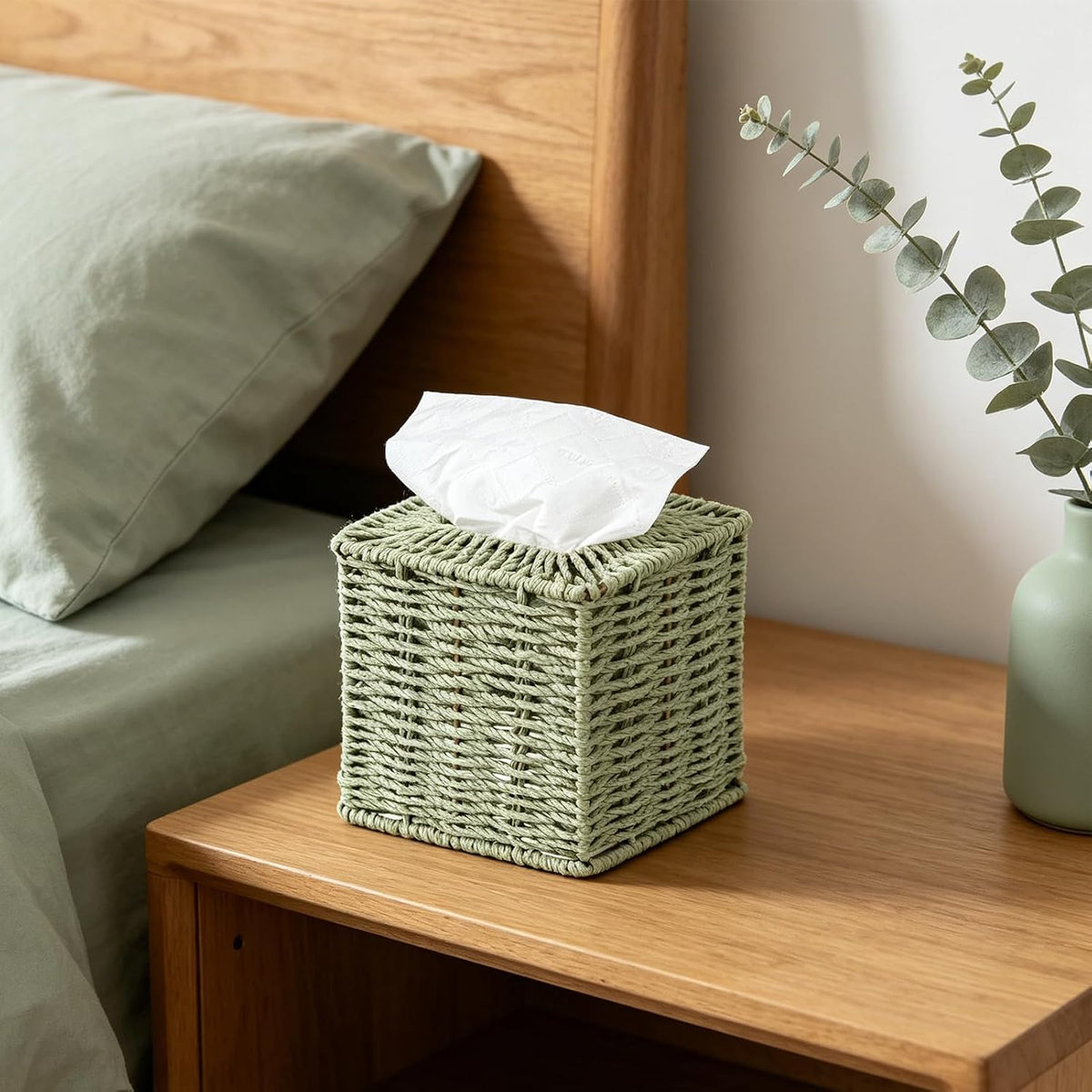 2 Pack Sage Green Tissue Box Cover Decorative Square Boho Natural Paper Rope Hand Woven Tissue Box Holder for Bathroom Bohemian Desk Bathroom Dresser Living Room Office Storage Container
