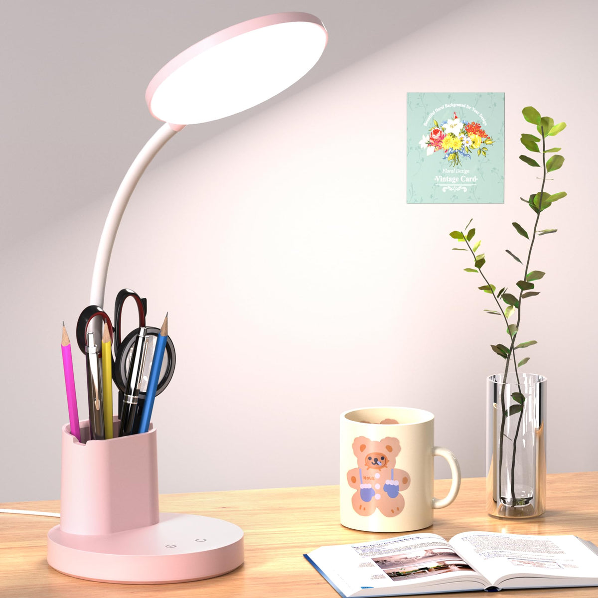 LED Desk Lamp for College Dorm with Pen Phone Holder, Black