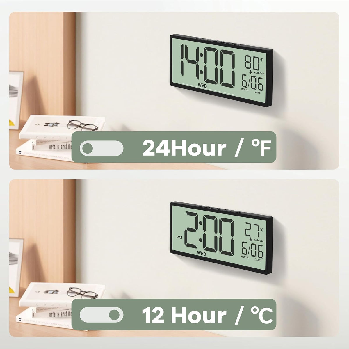 JALL Large Digital Wall Clock Battery Operated, Wall Clock with Big Numbers LCD Display, Digital Clock with Date Day Temperature, Alarm, Auto DST, Clocks for Classroom, Office, Bedroom, Elderly- Black