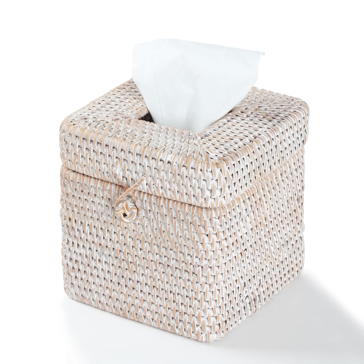 Rattan Square Tissue Box Cover, 5.7" x 5.7" x 5", Decorative Woven Facial Tissue Holder with Hinged Top Lid, Natural Color