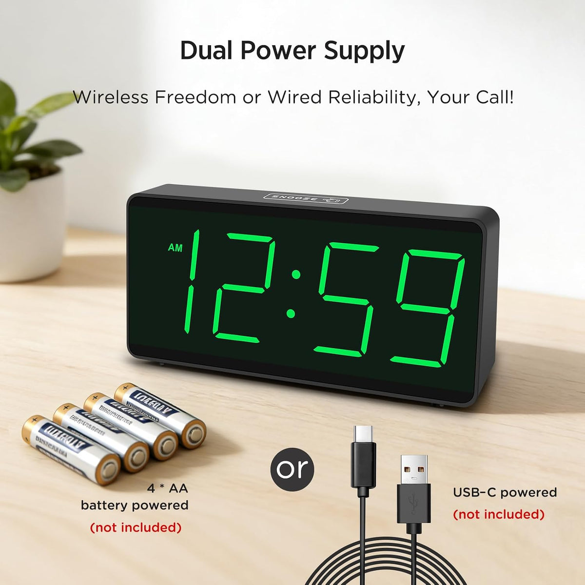 Peakeep Battery Operated Digital Alarm Clock for Bedrooms Big Numbers