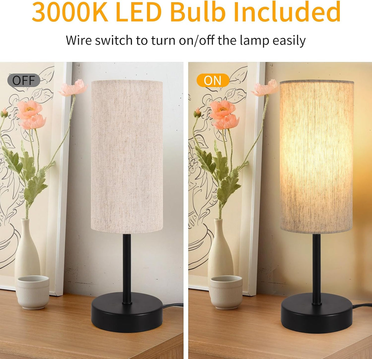 RISLG Small Table Lamp, Bedside Table Lamp for Bedroom, Lamp for Nightstand with Linen Fabric Shade, Minimalist Modern Desk Lamp for Living Room Office Dorm Kids Room