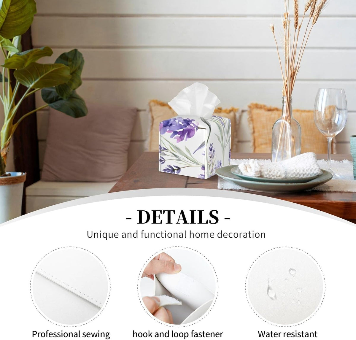 Lavender Flower Tissue Box Cover, Purple Floral Square Tissue Box Holder PU Leather Tissue Organizer Hand Towel Box Cover Kitchen Desktop Home Office Decorative