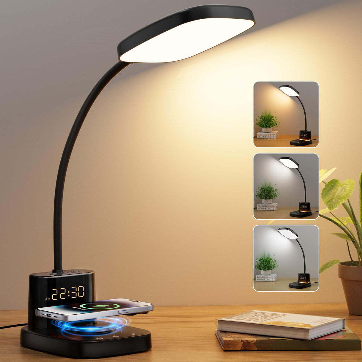 LED Desk Lamp with 10W Wireless Charging & Pen Holder, Black