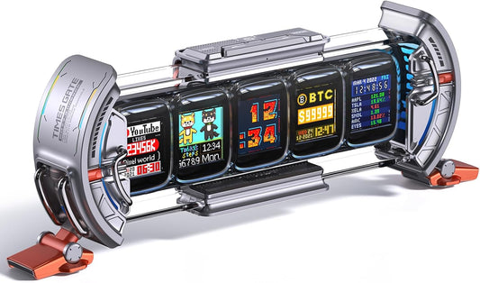 Divoom Times Gate - Cyberpunk Gaming Setup Digital Alarm Clock, Smart APP, WiFi Connect, RGB LED Display, Personalized Financial & Bitcoin Dashboard, Pixel Art for Gaming Room & Office Decor, Silver