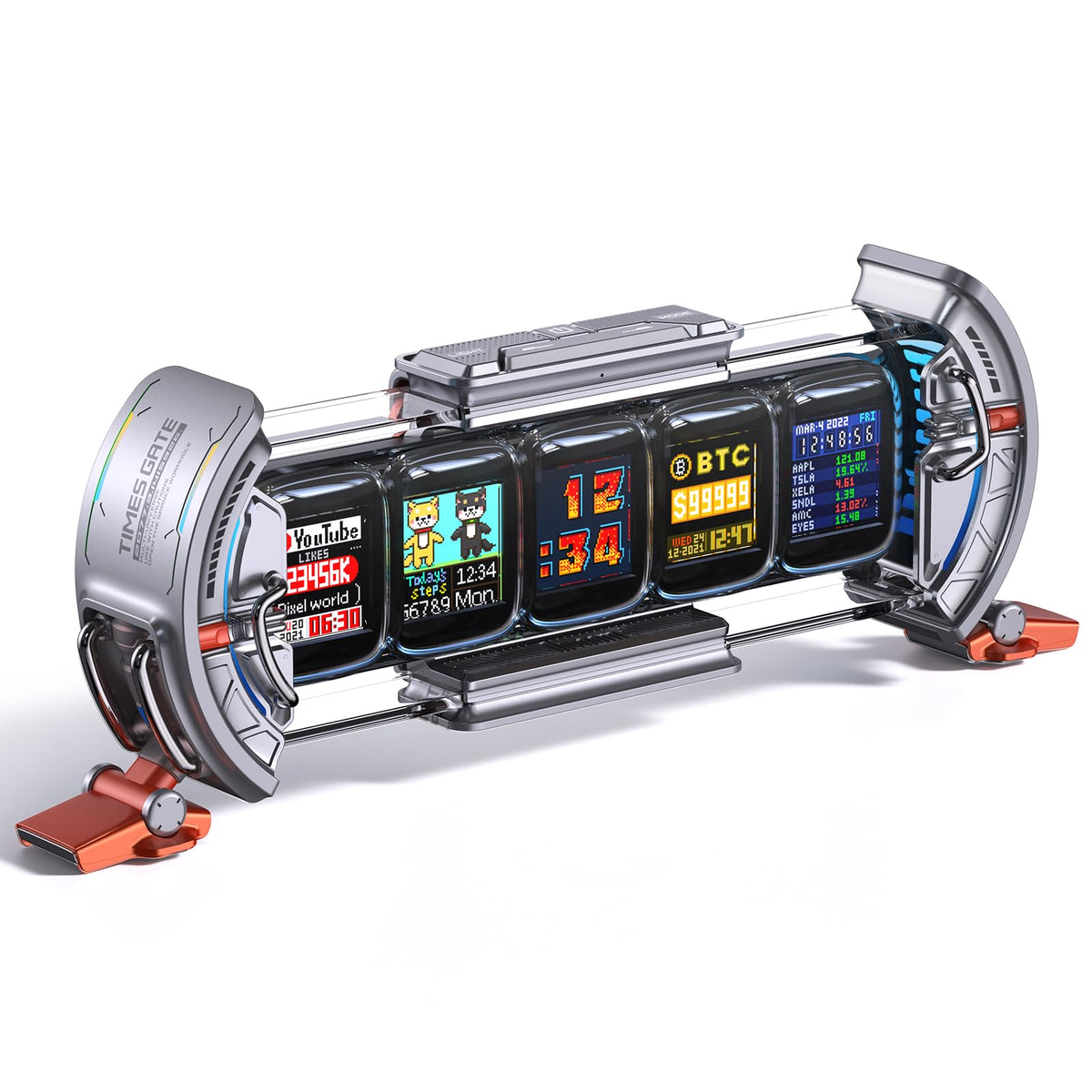 Divoom Times Gate - Cyberpunk Gaming Setup Digital Alarm Clock, Smart APP, WiFi Connect, RGB LED Display, Personalized Financial & Bitcoin Dashboard, Pixel Art for Gaming Room & Office Decor, Silver