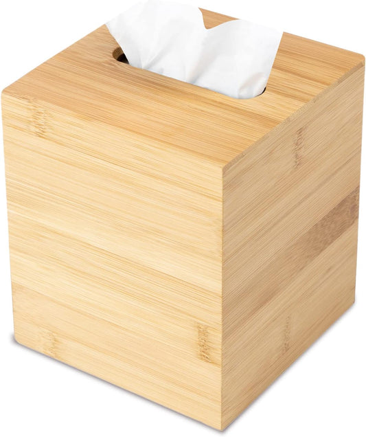 JUSK Design Tissue Box Holder - Modern, Minimalist, Durable Wooden Bamboo Box with Sliding Bottom, Easy-Refill - Premium-Quality Bamboo Cover, Square