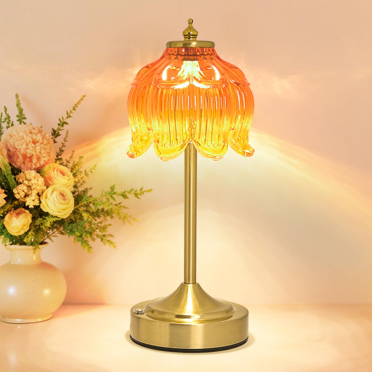 Cordless Table Lamp, Rechargeable Amber Glass Lotus Flower Lamp